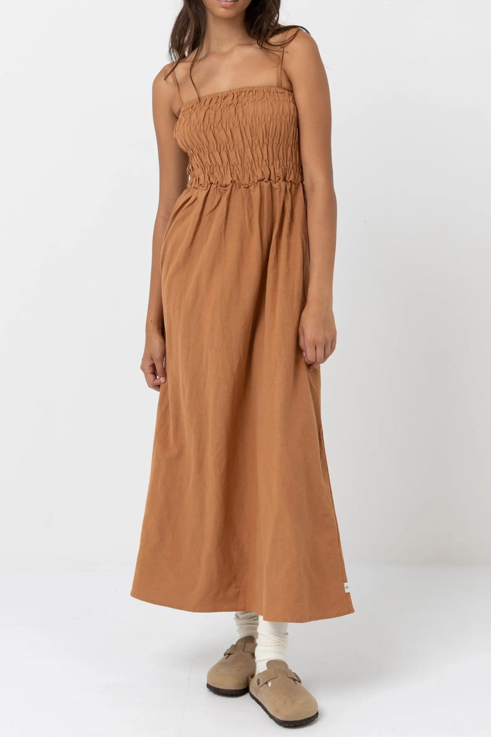 Classic Shirred Midi Dress Caramel