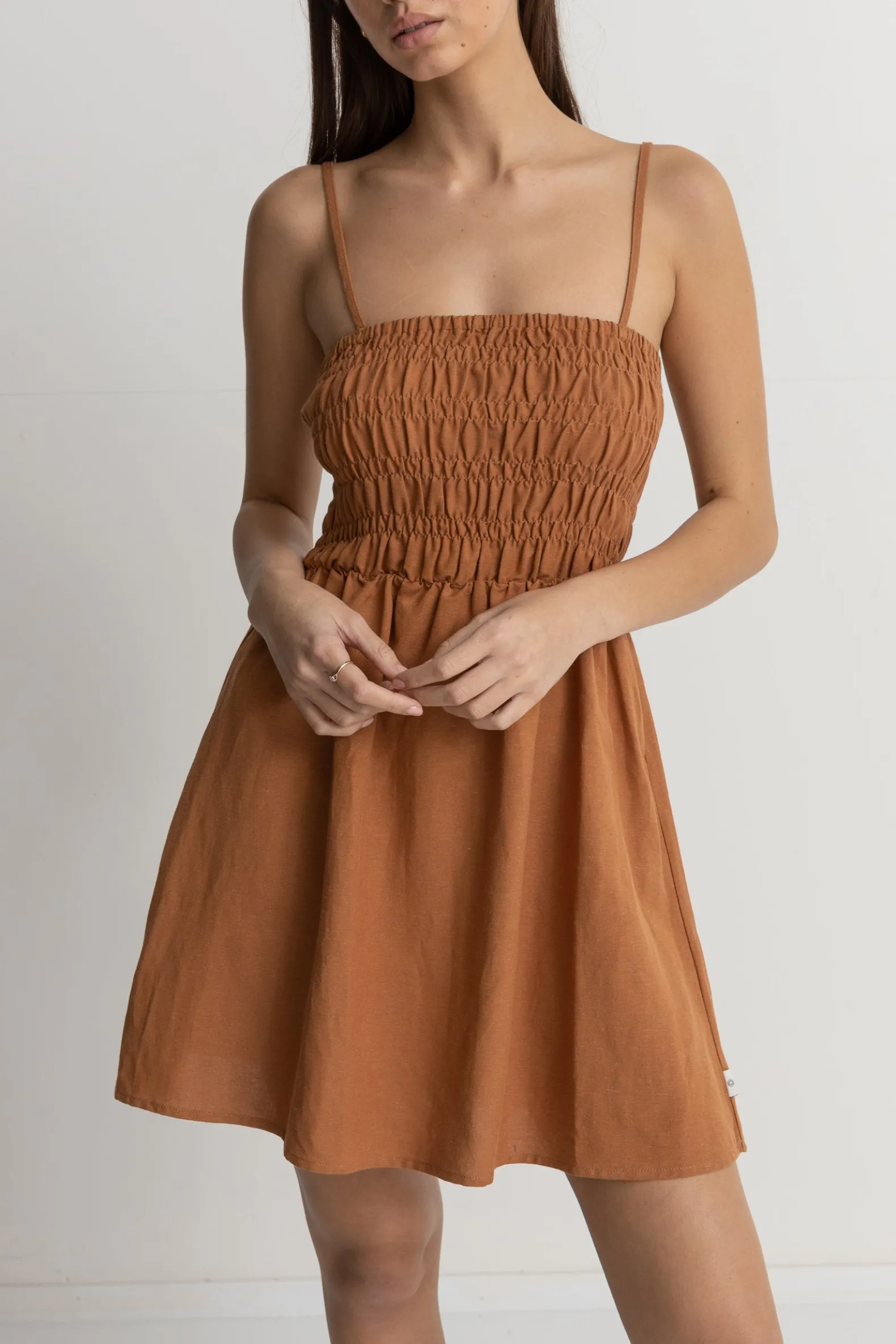 Classic Shirred Mini Dress Caramel