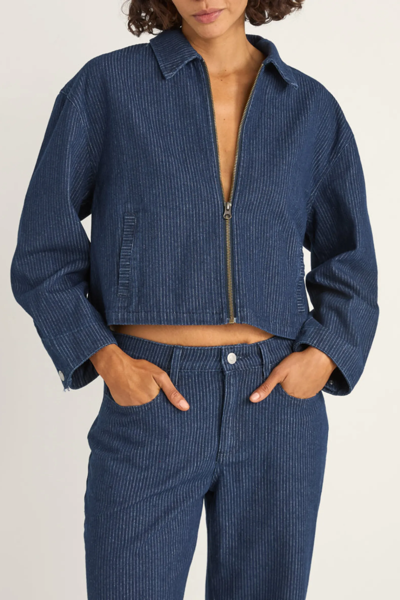 Pinstripe Cropped Jacket Indigo
