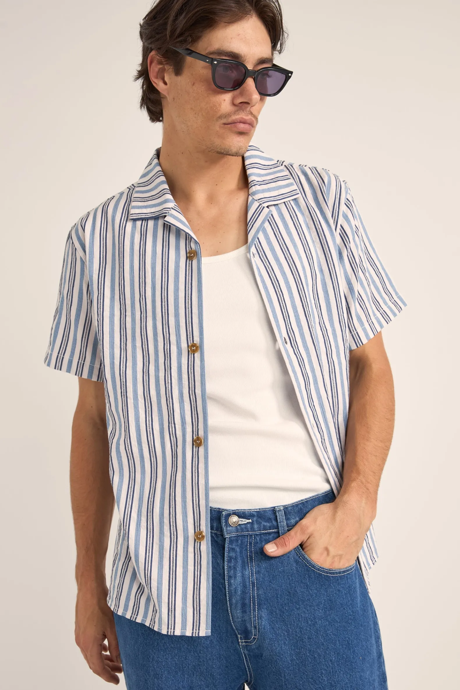 Vacation Stripe Ss Shirt Blue