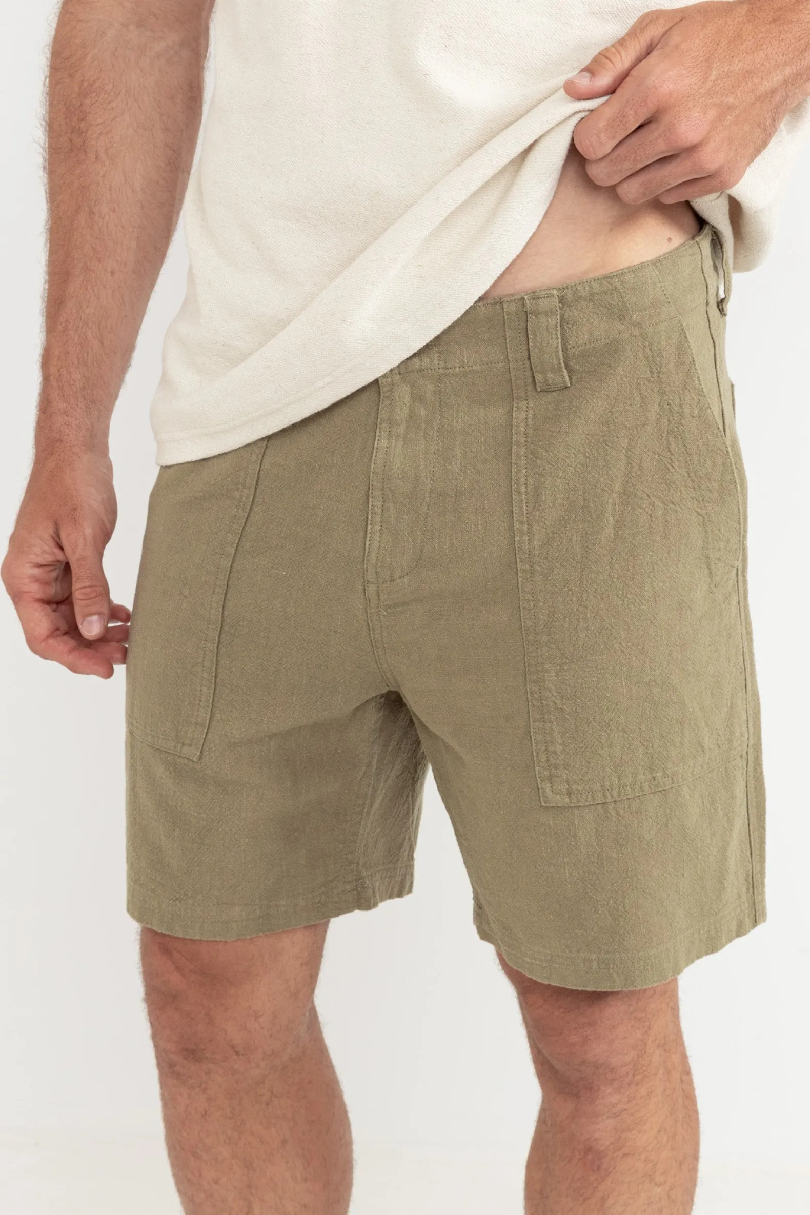 Worn Path Textured Linen Short Olive